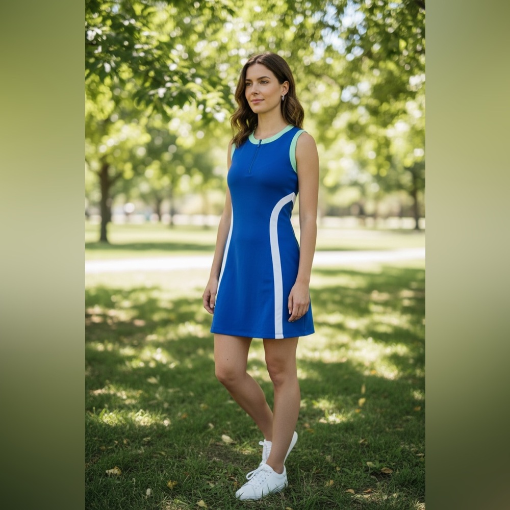 NWT Women's Grand Slam Colorblock Sleeveless Flounce Golf Dress Lime Cobalt